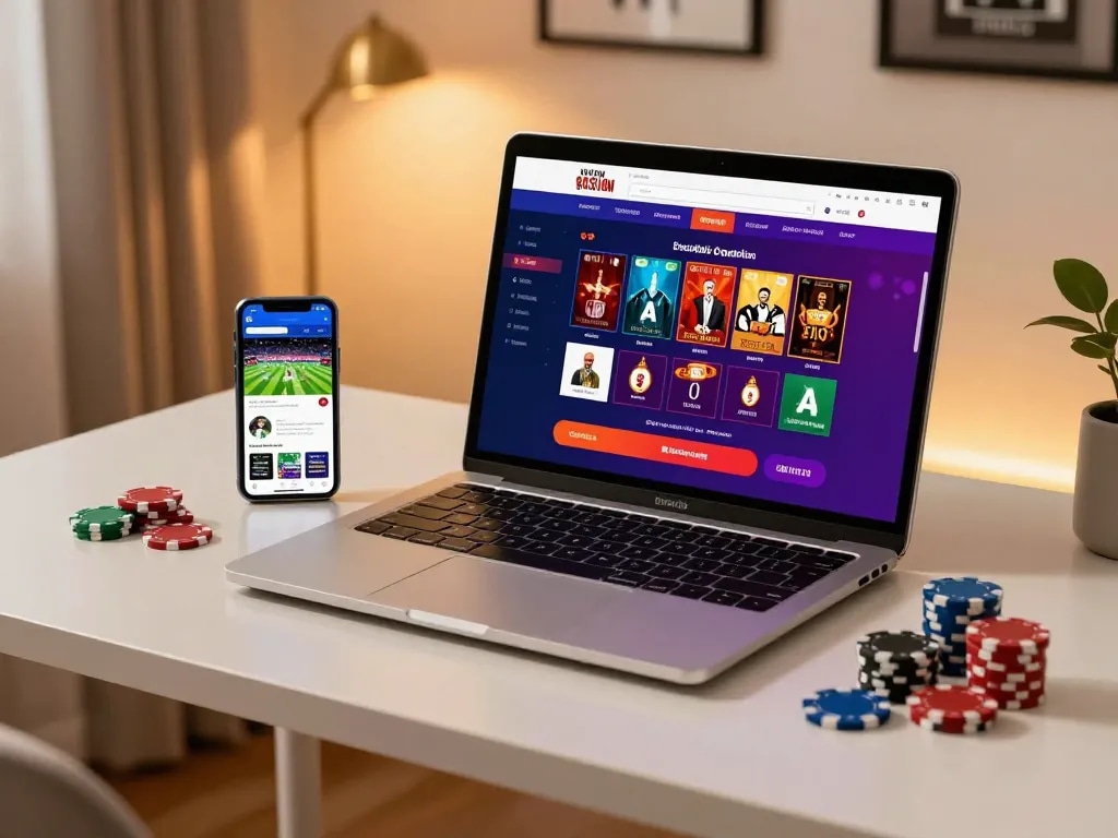 take2 gaming setup showcasing online casino interface and sports betting app in a cozy environment