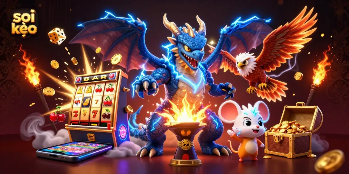 Soi kèo expert analysis with a fantasy theme featuring dynamic characters and vibrant casino elements