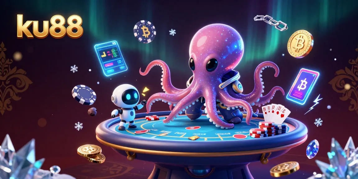 Engage in the thrilling ku88 poker game with an alien octopus and cryptocurrency elements.