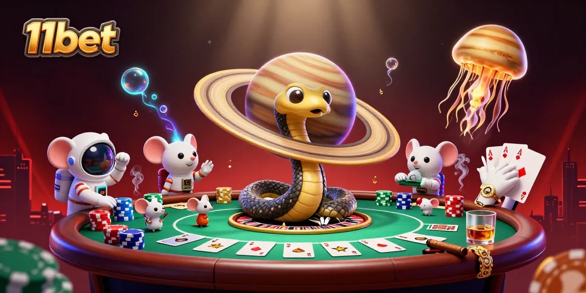Engage with 11bet's cosmic roulette, where astronauts bet around Saturn's rings under a glowing jellyfish dealer.