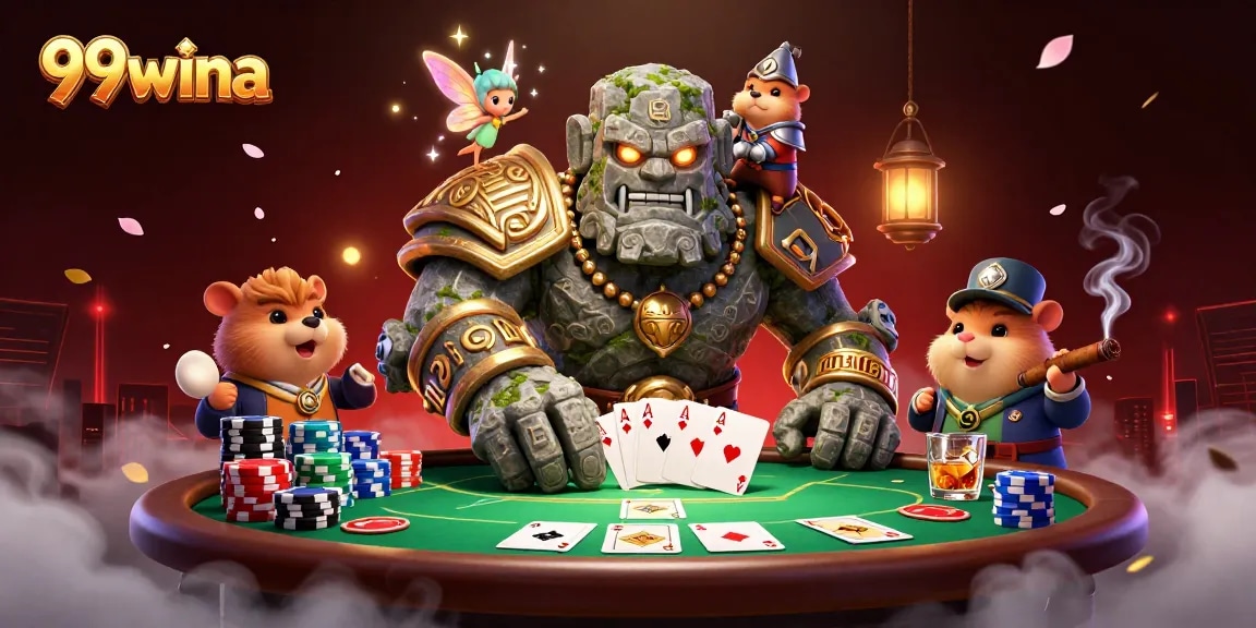 Experience the thrill of 99wina with a magical scene of casino action featuring a golem and fairy.