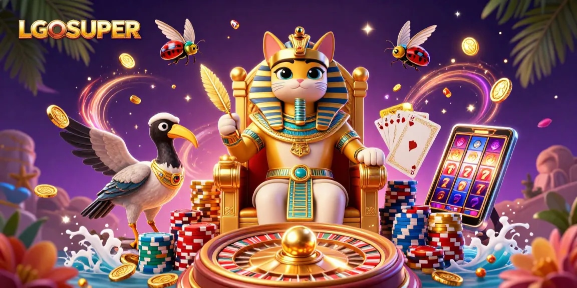 Engage with LGOSUPER's vibrant slots and jackpot action featuring a royal pharaoh cat and ancient symbols.