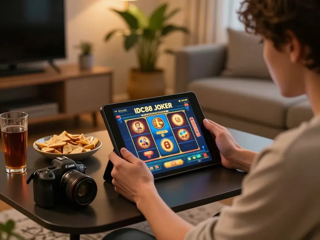 Player navigating IDC88 JOKER online slot games in a cozy setting, showcasing strategic gameplay.