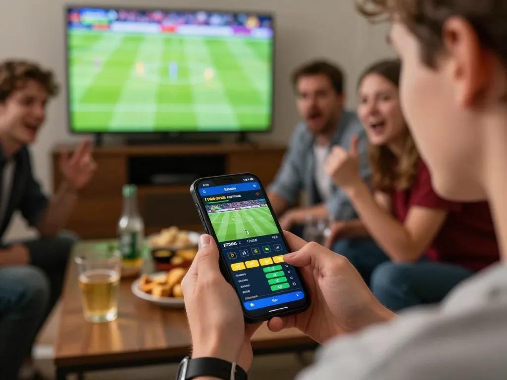 Engaged person using UG DEWA sports betting app while friends cheer on a live game.