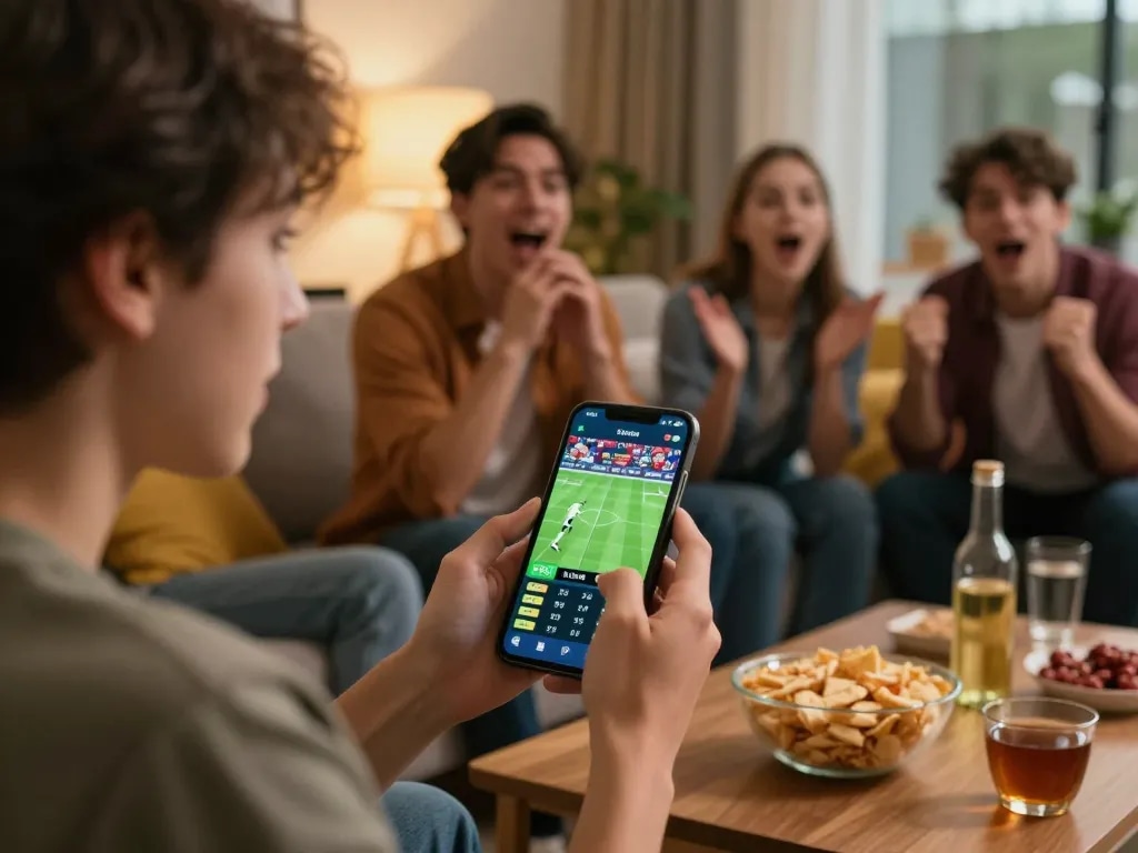 Enthusiastic fans engaging in sports betting through 789betgo app in a cozy living room