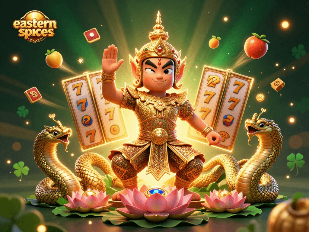 Experience thrilling slots with easternspices as vibrant visuals of jackpots and guardian deities unfold.
