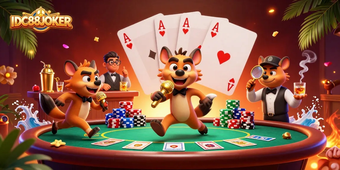 IDC88JOKER hyenas entertain at a vibrant casino, showcasing poker elements and dynamic energy.