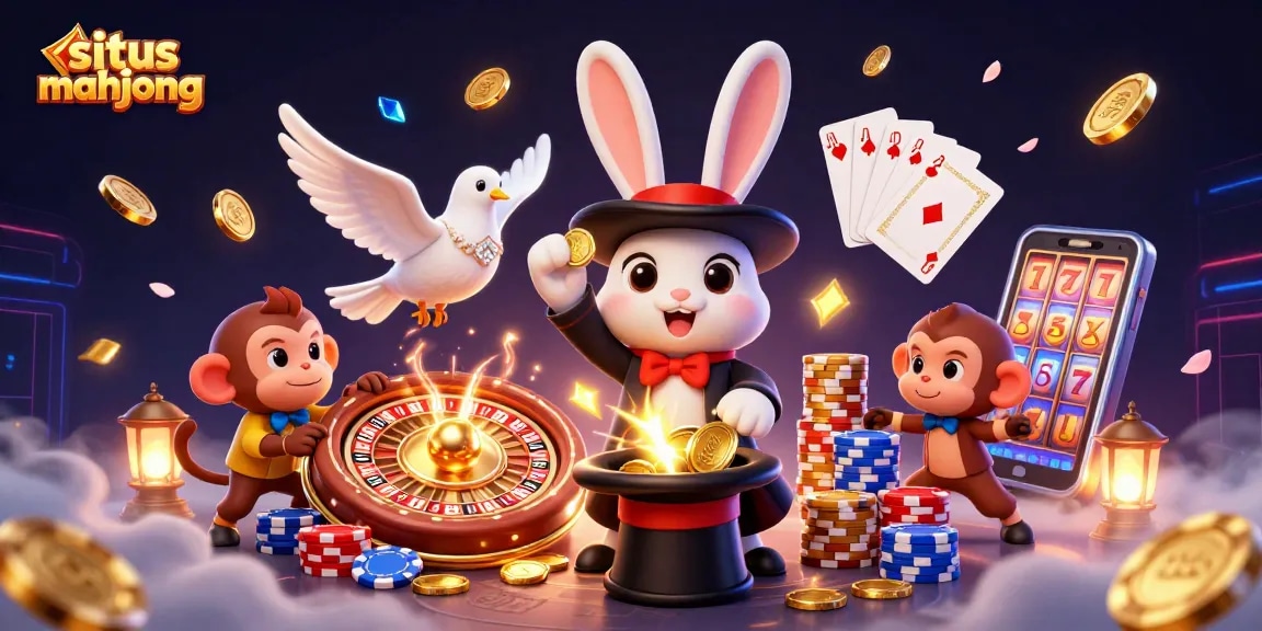 Engage in situs mahjong excitement with a magician rabbit, dove, and monkey in a dazzling casino scene.