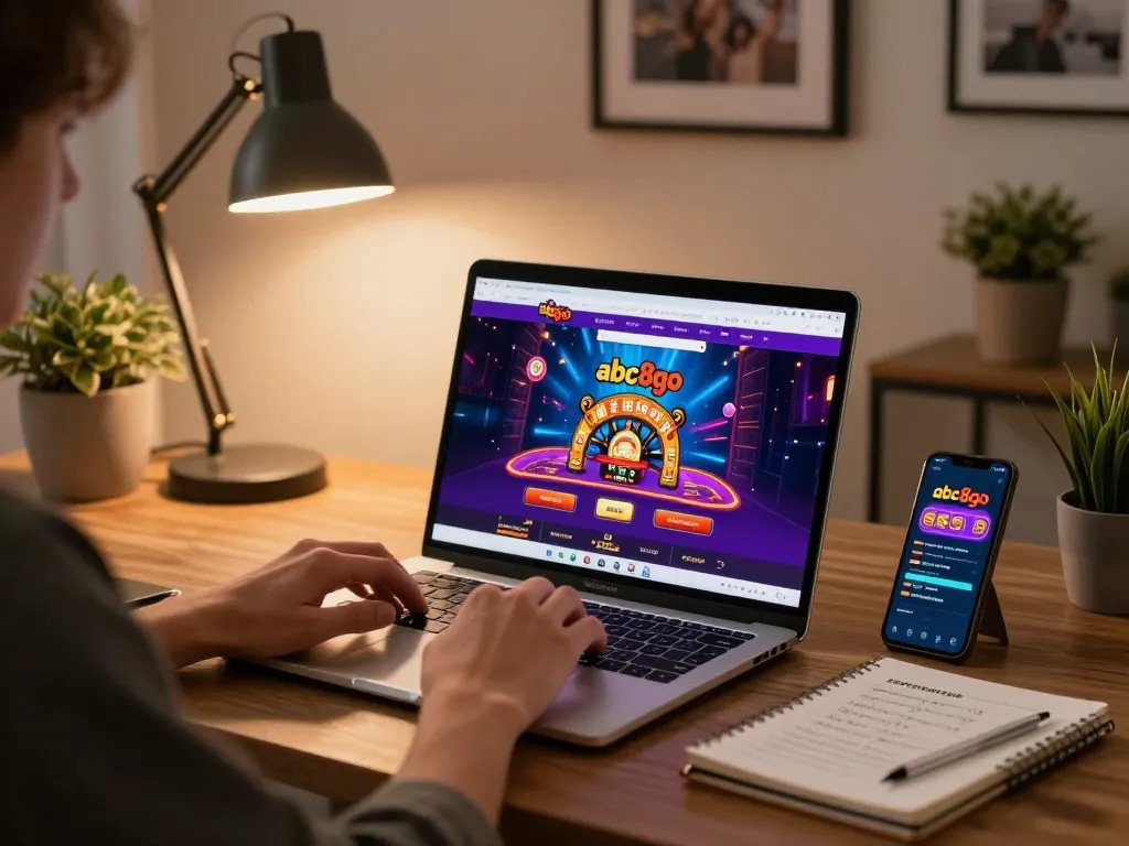 Engaging gaming moment on abc8go with a laptop, showcasing online casino action and strategic notes.