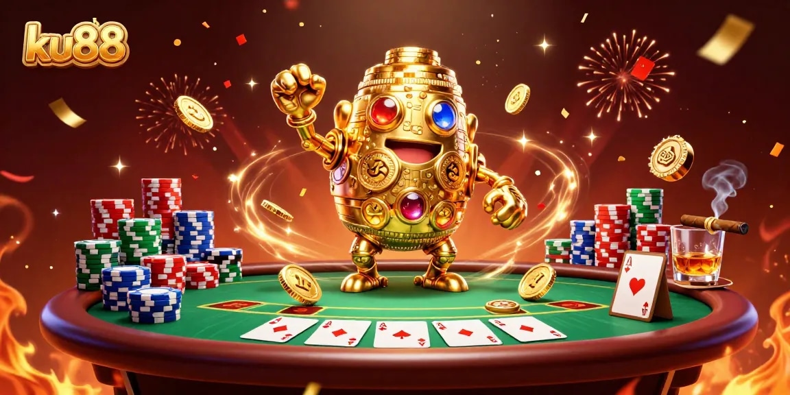 Engage with an exciting ku88 casino experience among vibrant poker elements and a golden golem.