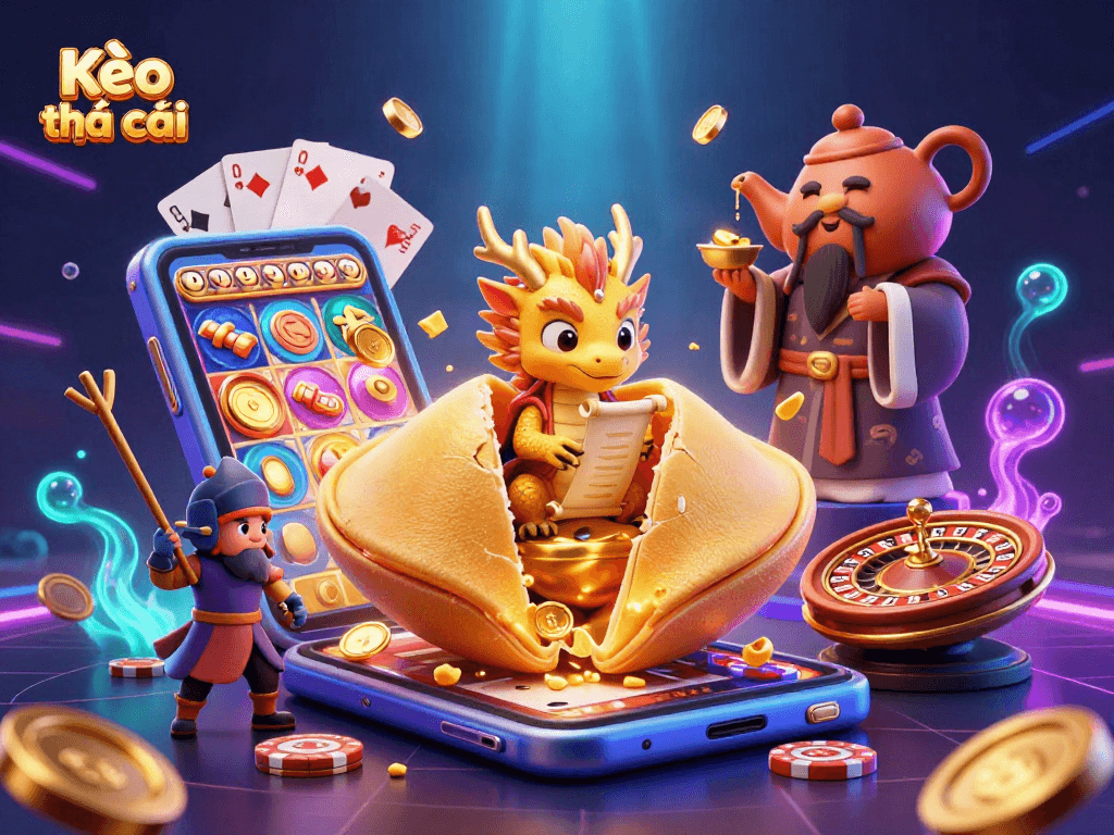 Kèo nhà cái showcases a vibrant 3D scene with a golden fortune cookie and a wise dragon among thrilling slot game elements.
