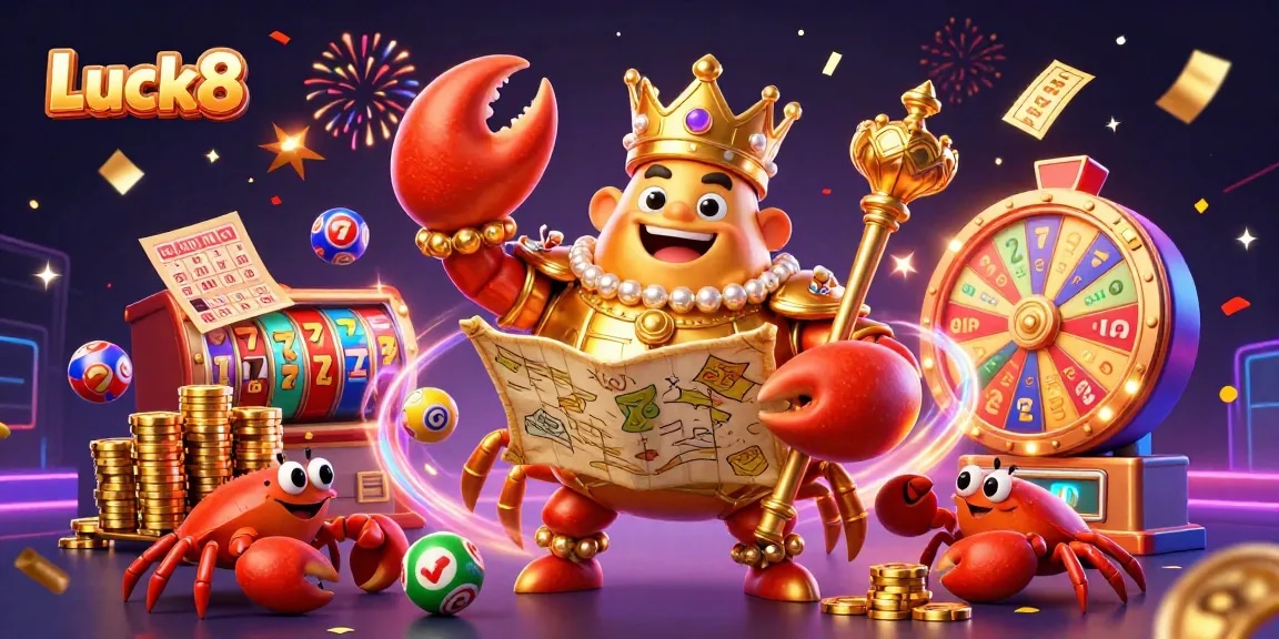 Experience Luck8 with golden crab emperor in a dynamic casino scene full of vibrant games and excitement.