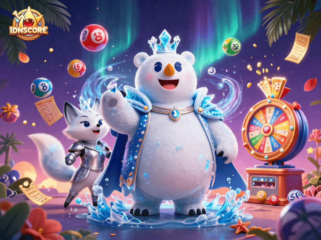 Experience winning vibes with IDNSCORE's vibrant gaming illustration featuring dynamic lottery elements.