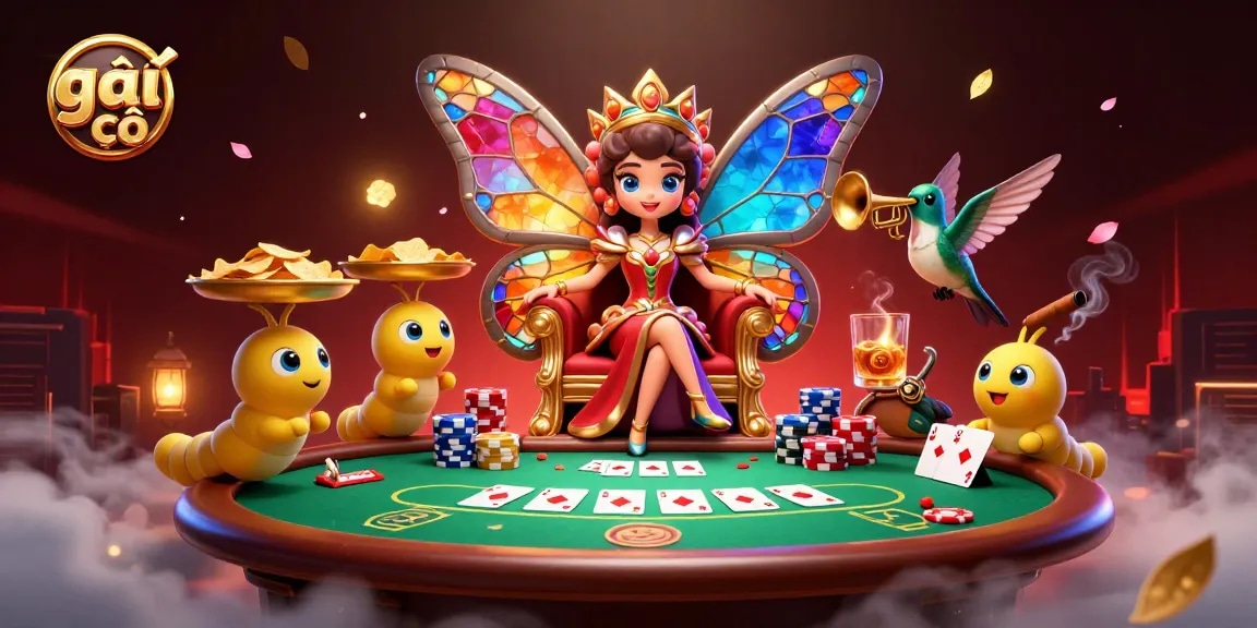 Engaging scene with gái gọi depicting a butterfly queen and poker activities amidst rich casino elements.
