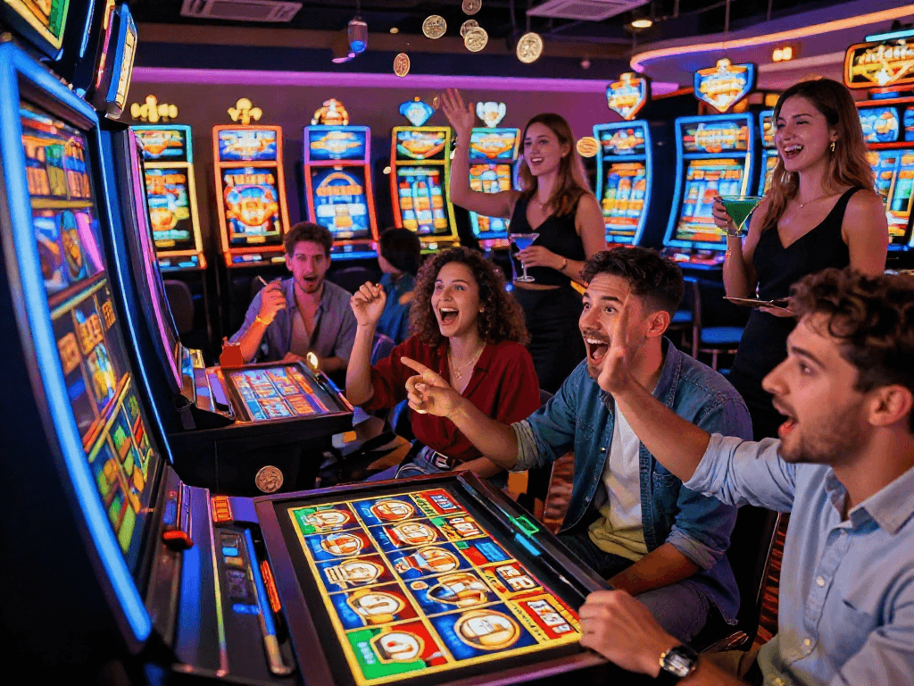 Excited friends celebrating while playing the rokok88 slot machine in a lively casino atmosphere.