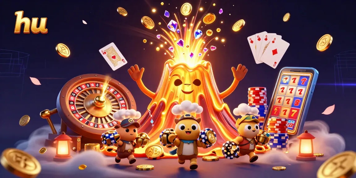 Bet big at hu with a triumphant volcano erupting treasure in this casino scene.