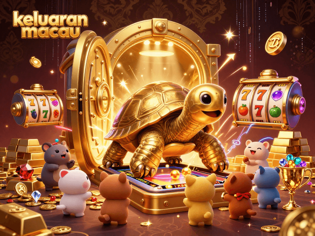 Engage with keluaran macau by experiencing a vibrant casino scene featuring a colossal golden tortoise pinball machine.