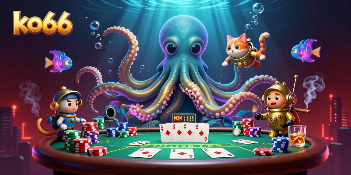 Engage in thrilling poker action at ko66 with kraken and cat characters amidst vibrant gambling elements.
