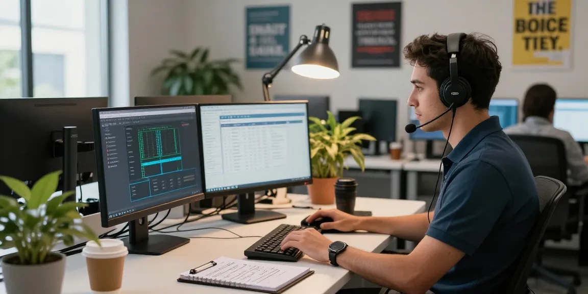IT support small business environment with a specialist monitoring networks in a modern office.