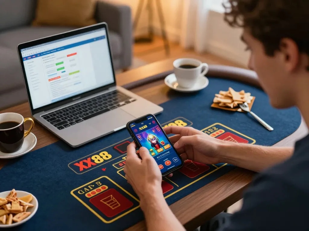 Engaging moment of a user experiencing the XX88 casino app on a smartphone with excitement