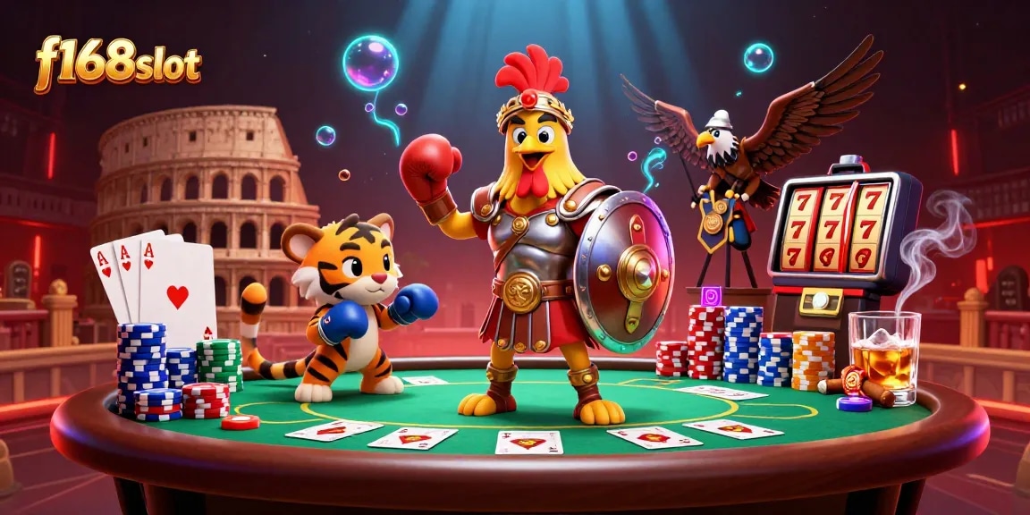 Engage with f168slot as the gladiator rooster dominates a dynamic casino battle scene with poker chips and slot reels.