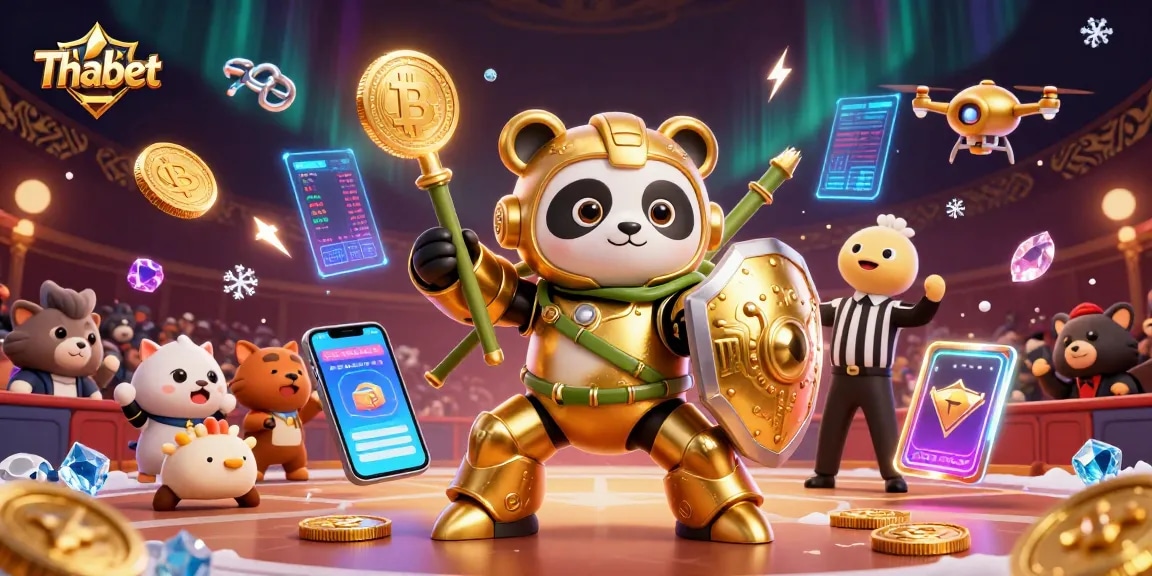 Thabet showcases exciting game action in a vibrant 3D casino arena with crypto elements.