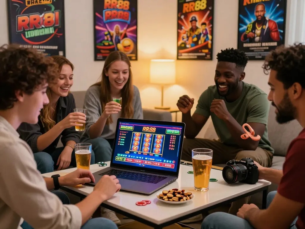 Friends enjoying the excitement of online gaming at https://rr88c.mobi/ with vibrant graphics and promotional excitement around them.