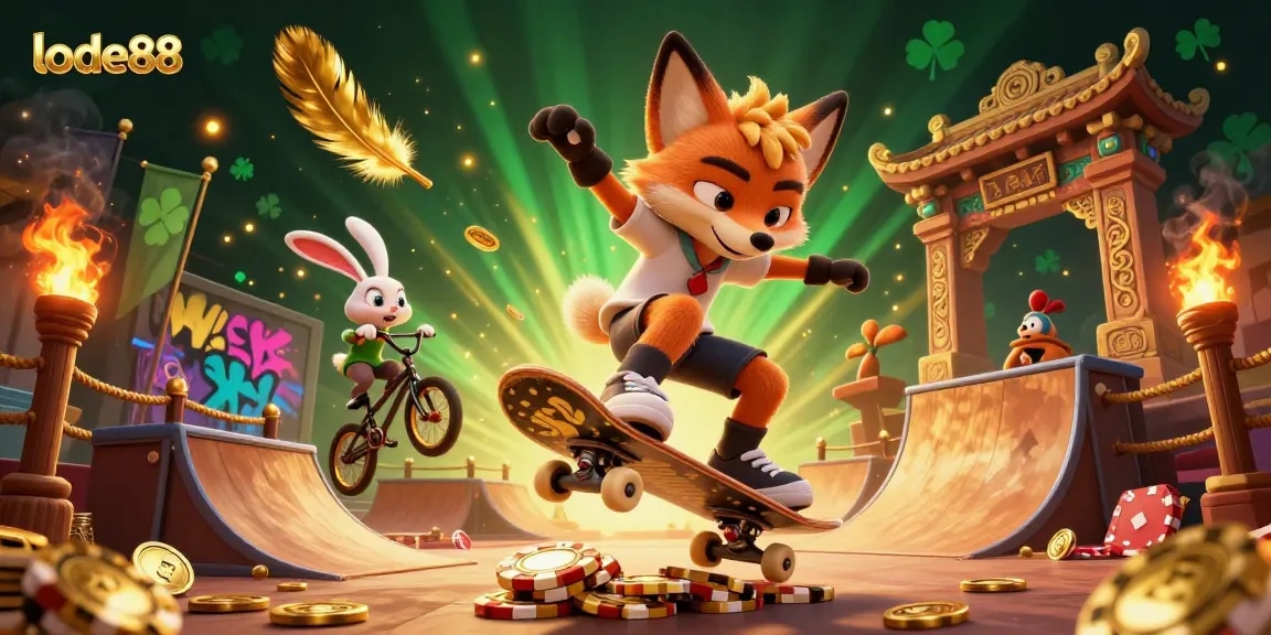 Experience thrilling action at lode88 with a skateboarder fox and BMX rabbit in a dynamic casino setting.