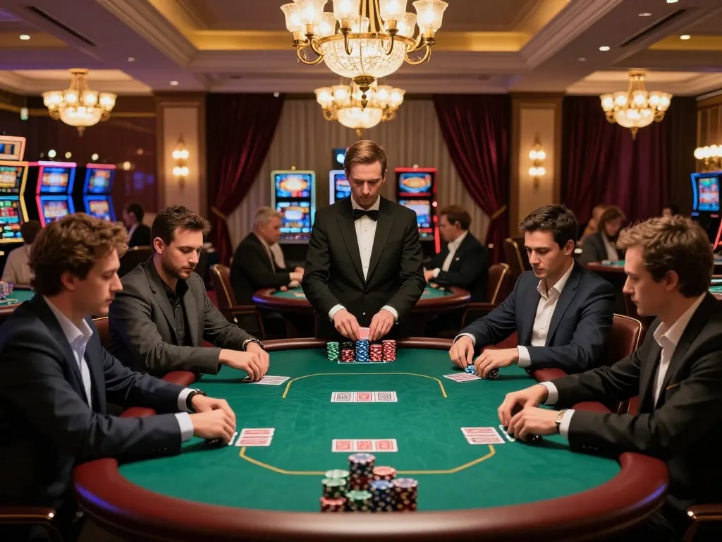 KADAL 778 poker action featuring engaged players and a professional dealer in a stylish casino setting.