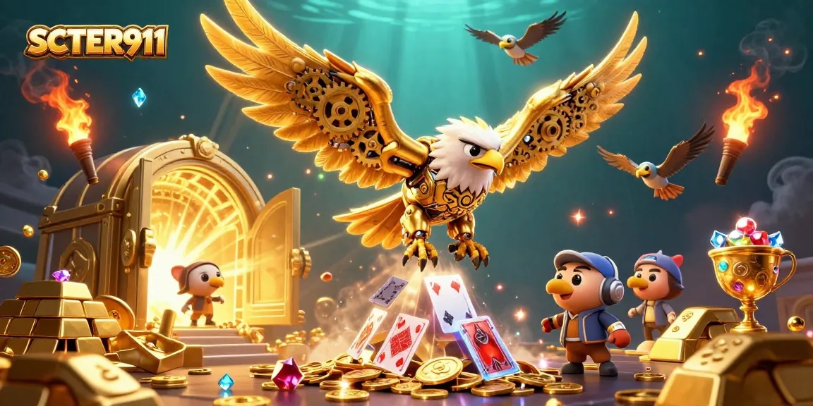 Experience thrilling SCATTER911 action with a cybernetic eagle soaring through holographic cards.