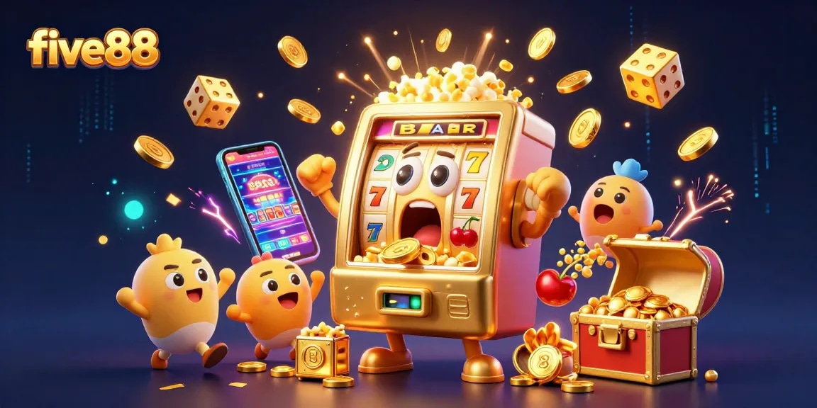 five88 slot machine celebrates a jackpot win surrounded by cheering baby slots and energetic popcorn machine
