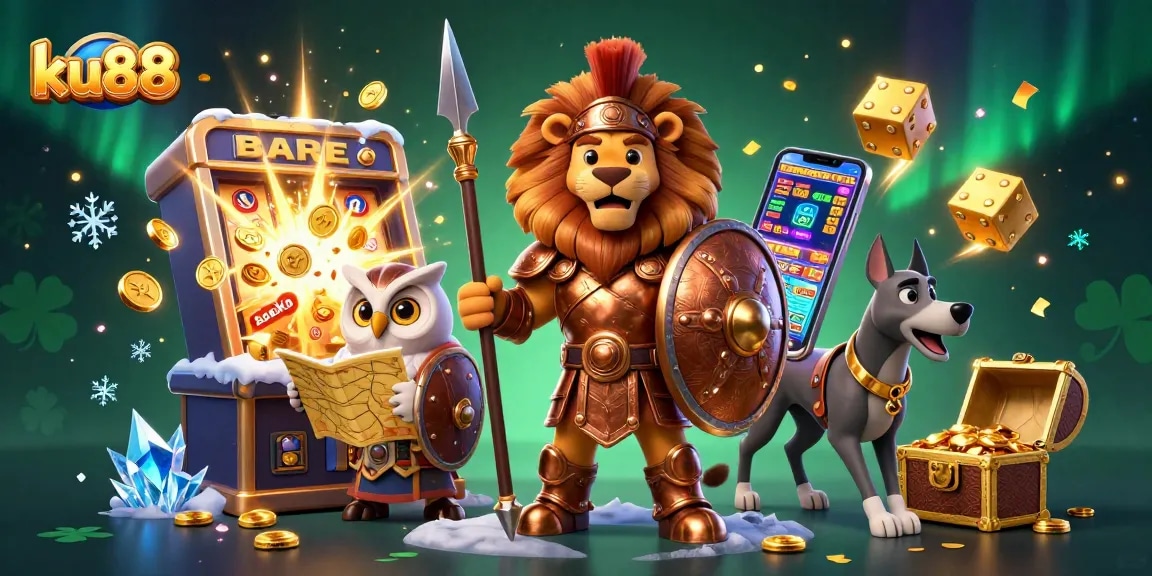 Engage with the exciting ku88 casino experience featuring a lion warrior amidst gold and jackpots.