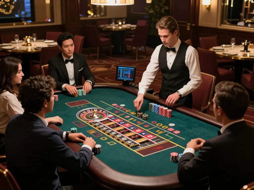 Engaged players at LOTO188 LINK roulette table with excitement during live dealer game.