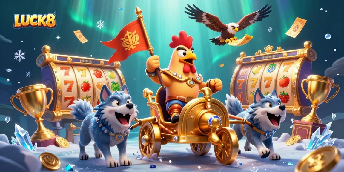 Experience thrilling LUCK8 slots with a dynamic scene featuring a rooster warlord and golden elements.