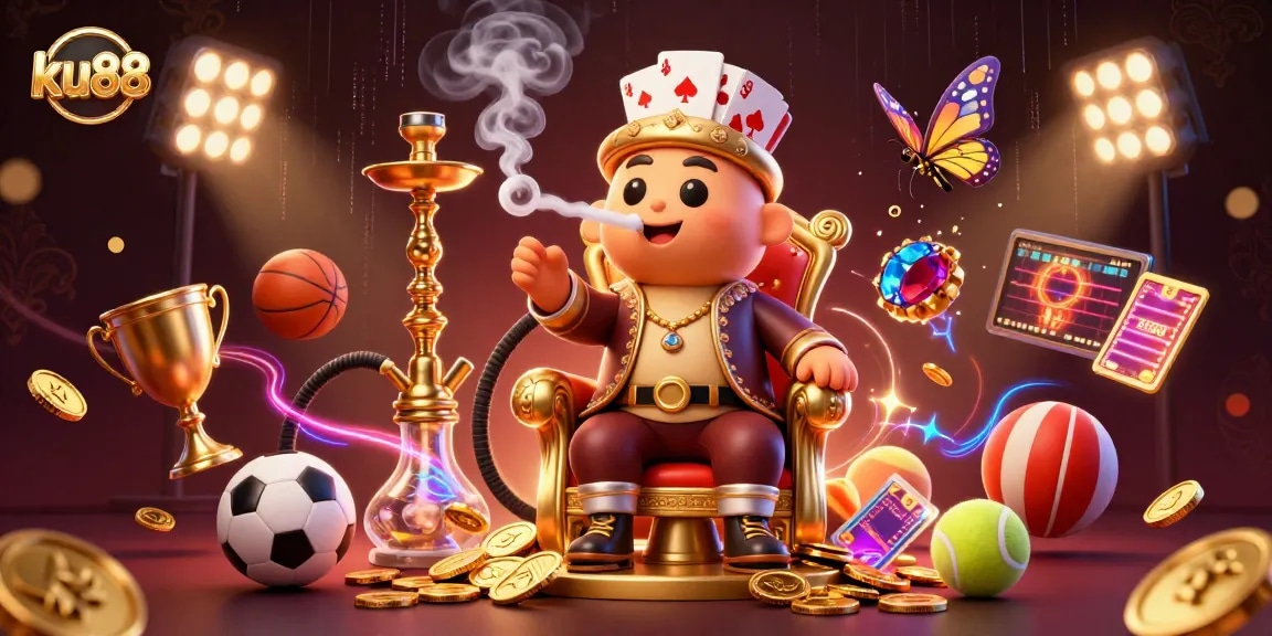 Engage with ku88 sports betting excitement in a vibrant casino-themed illustration.