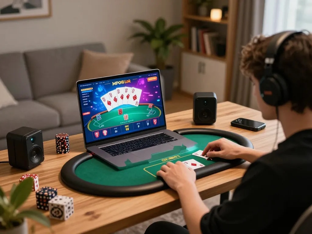 Engaged player enjoying the MPO08 Link on a laptop, showcasing an exciting online poker game in a cozy home setting