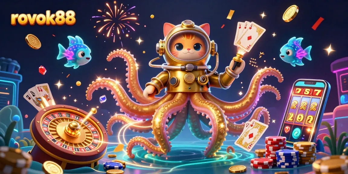 Experience the thrill of rokok88 as you engage with a colossal kraken and playful diving cat amidst a lively casino scene.