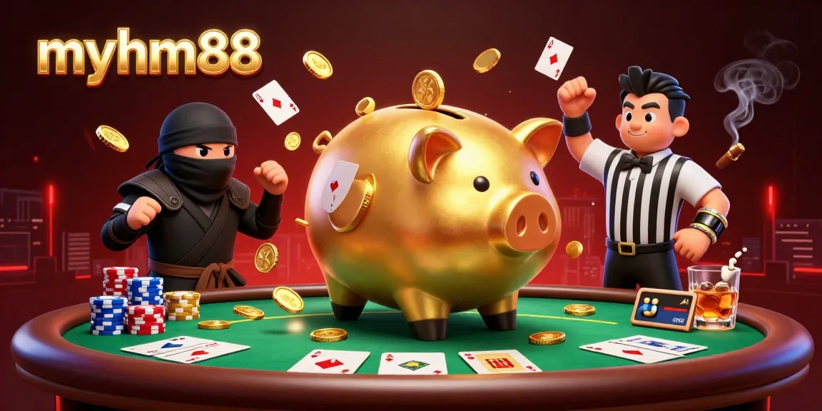 Experience the excitement of myhm88 with vibrant 3D casino characters at a lively poker table.