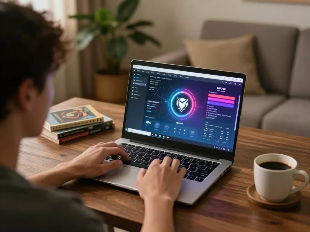 Engaging online player using MPO ID platform on laptop with colorful game interface, cozy setting.