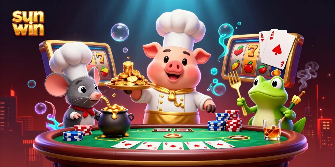 Win big with Sun Win as a chef pig serves golden coins among vibrant casino elements.
