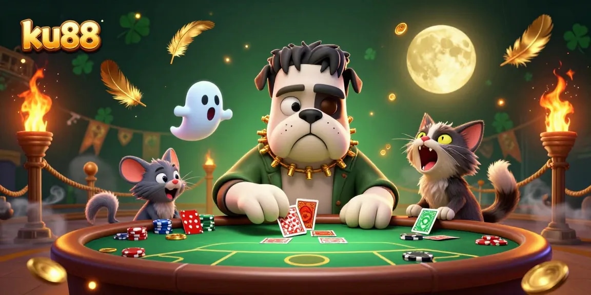 Experience ku88 with a vibrant poker scene featuring a Frankenstein bulldog dealer and golden accents.