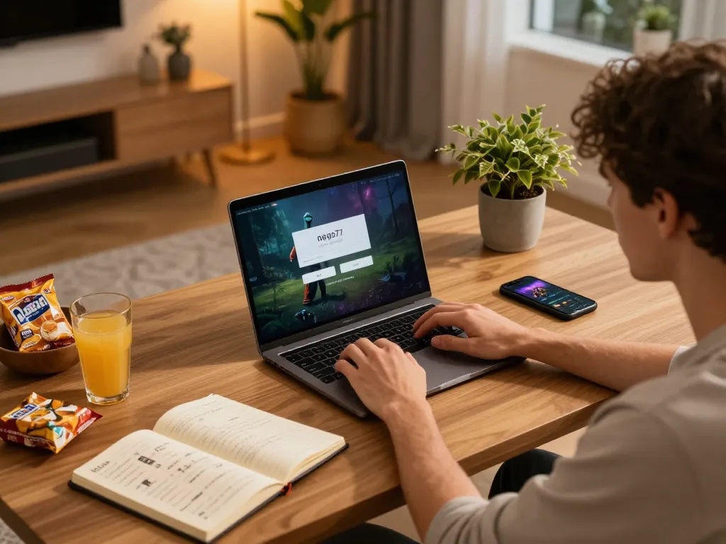 Nego77 login used on a laptop during an engaging online gaming session, showcasing strategy notes.