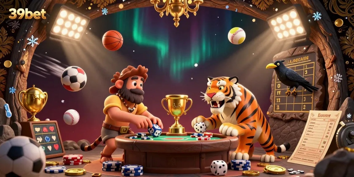 39bet showcases a lively prehistoric casino scene with a caveman, saber-toothed tiger, and sports elements dynamically interacting.