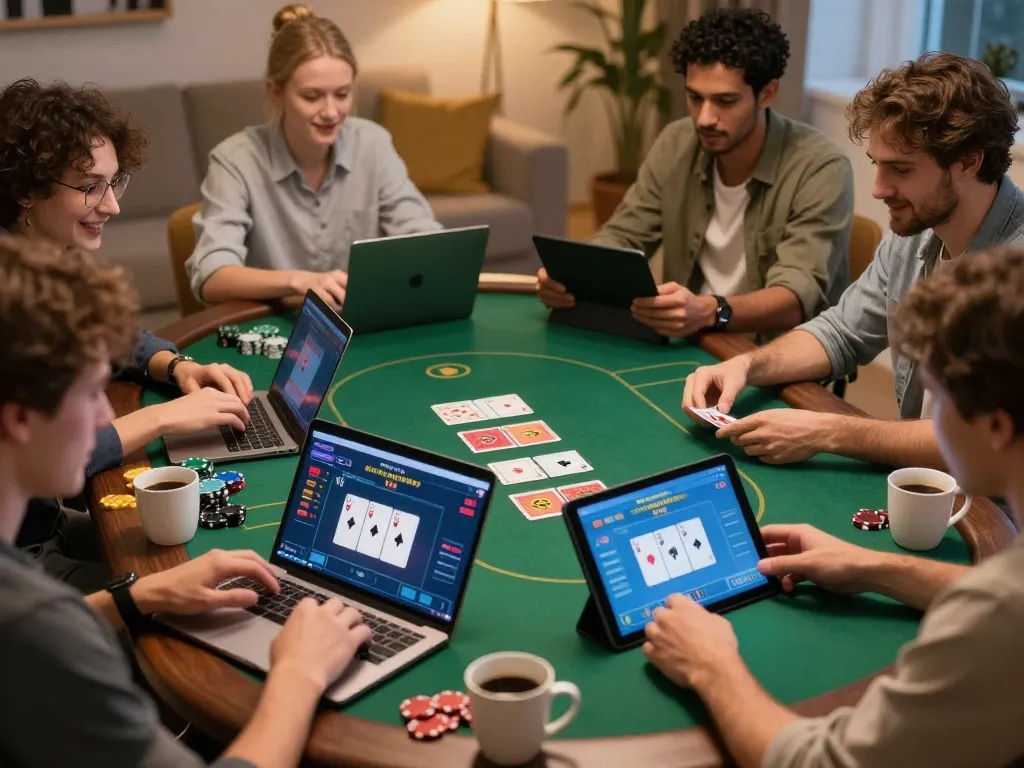 Players engaged in game online poker from home with laptops, showcasing strategic gameplay.