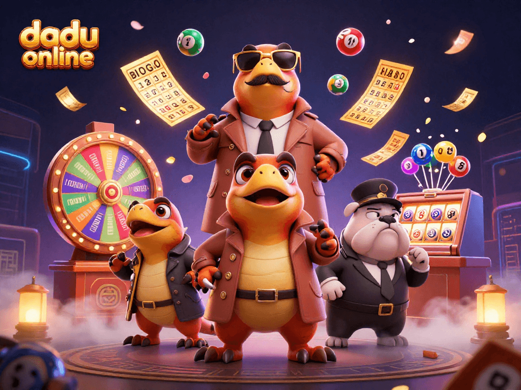 Engage in dadu online gaming with colorful lottery elements and 3D raptors in a casino scene.