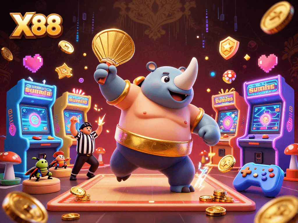 X88 online gaming scene featuring a rhinoceros beetle sumo champion amidst coins and colorful arcade elements.