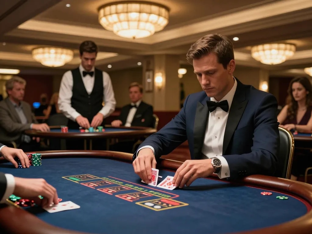 Player calculating odds at a poker game table in a luxurious casino environment, highlighting the strategy involved in 88clbgo gaming.