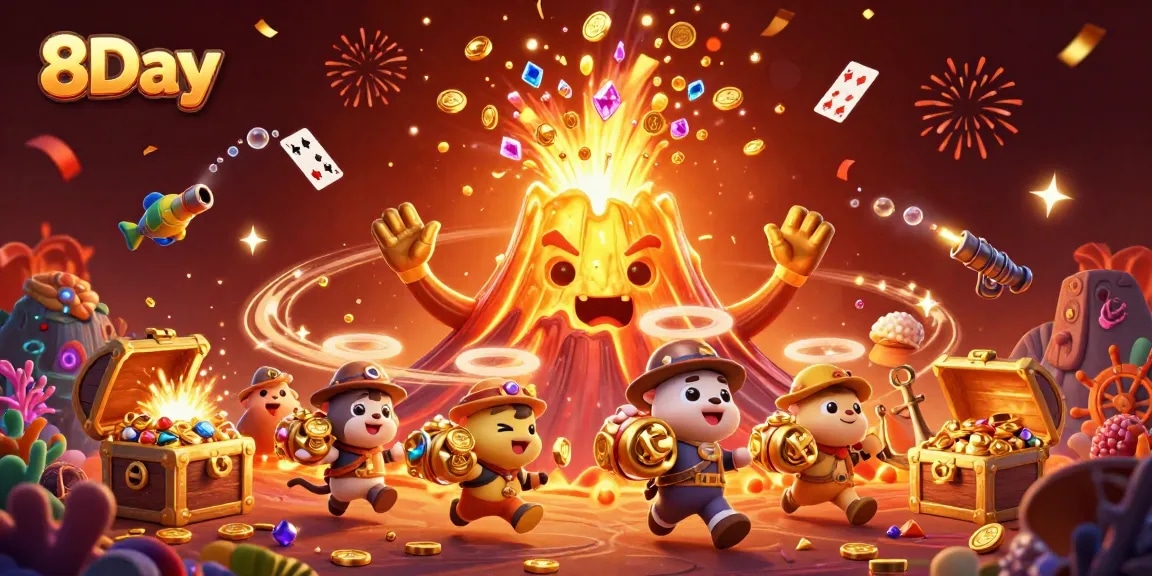 Experience the thrill of 8Day with a vibrant 3D illustration of a golden volcano amidst treasure.