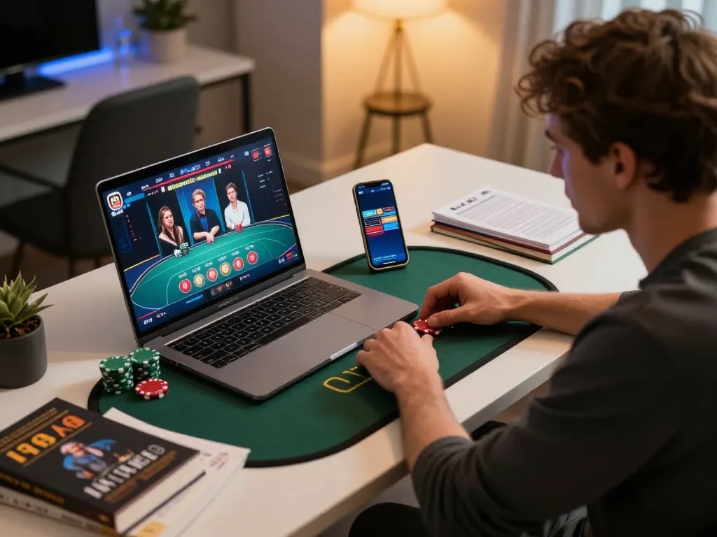 Player engaging with gg88live poker game interface on laptop, crafting responsible gaming strategy.