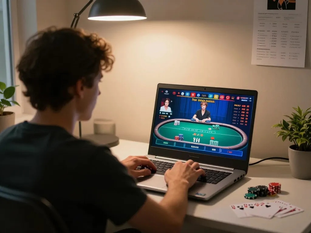Engaging poker gameplay with nhacaiuytinn on laptop in a cozy home setting emphasizing responsible gambling.